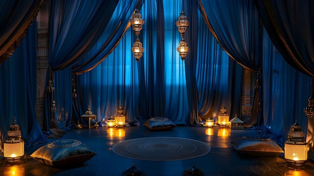 Solemn Islamic Occasions A Ceremonial Setting with Blue Draperies and Golden Lamps