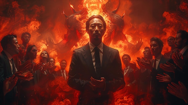 Solemn Man in Suit Fronting a Ritualistic Fire Demon Ceremony