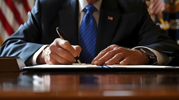 Solemn Moment as President Signs Pivotal Legislation at Historic Desk with National Flag