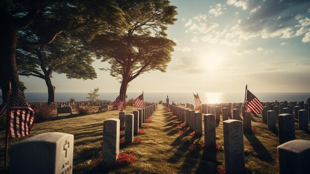 A solemn scene at a military cemetery rows of uniform white headstones surrounded by a sea of flags