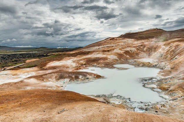 The solfatares create a milky pond on the orange and mineral slopes of the Krafla volcano