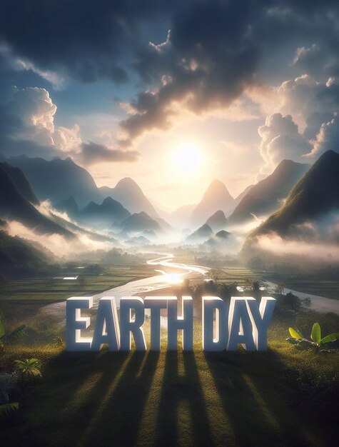 Solid letters EARTH DAY in the middle of a morning nature scenery generative ai art