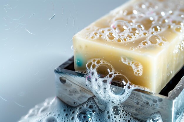 Solid shampoo bar met zeepbellen op een metalen houder