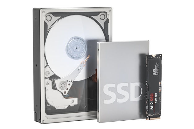 ソリッド ステート ドライブ SSD ハードディスク ドライブ HDD および M2 SSD 3D レンダリング