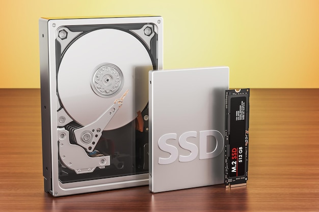 木製テーブル上のソリッド ステート ドライブ SSD ハードディスク ドライブ HDD と M2 SSD 3D レンダリング