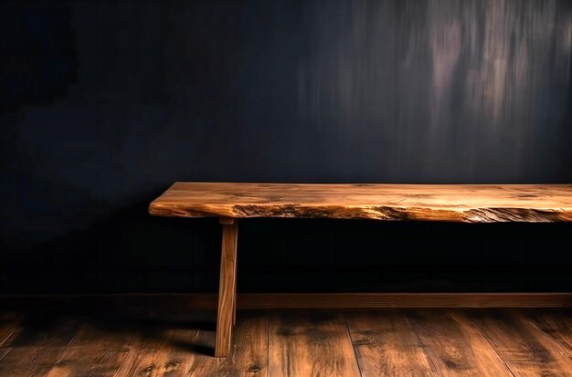 Solid wood table on black wall background