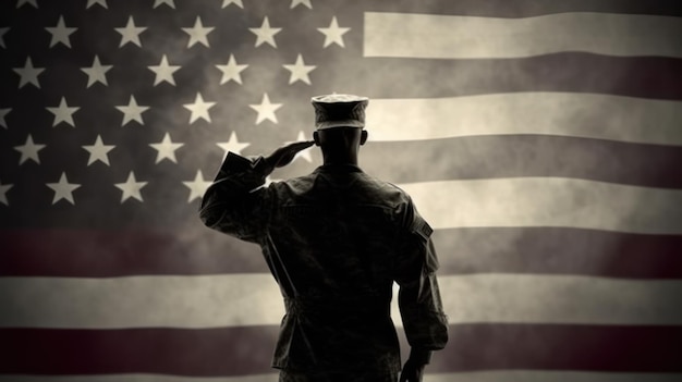 Solider salute with American flag on background