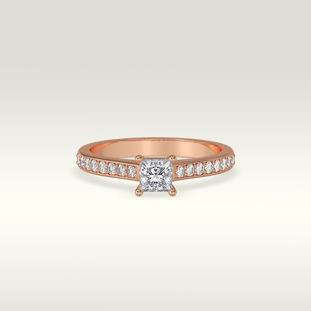 Solitaire engagement ring laying down position in rose gold 3D render