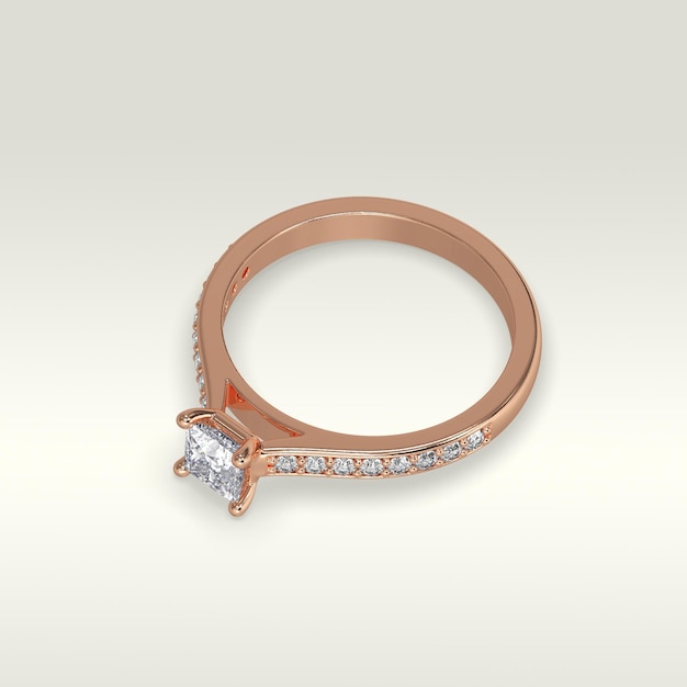 Solitaire engagement ring laying down position in rose gold 3D render