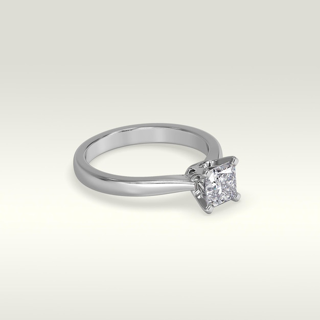 Solitaire engagement ring laying down position in white gold 3D render