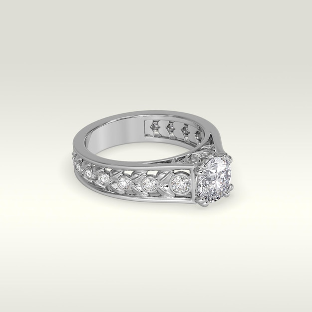 Solitaire engagement ring laying down position in white gold 3D render