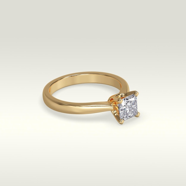 Solitaire engagement ring laying down position in yellow gold 3D render