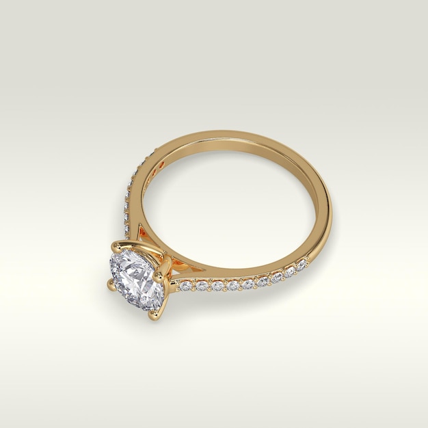 Solitaire engagement ring laying down position in yellow gold 3D render