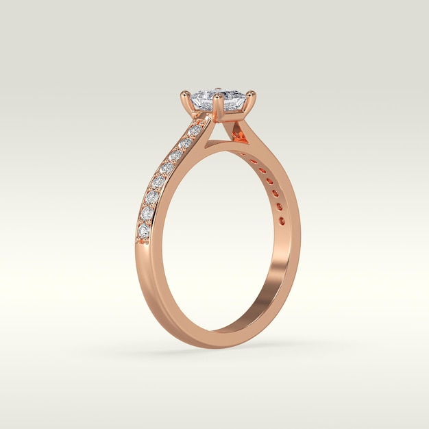 Solitaire engagement ring standing position in metal gold 3D render