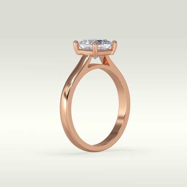 Solitaire engagement ring standing position in metal gold 3D render