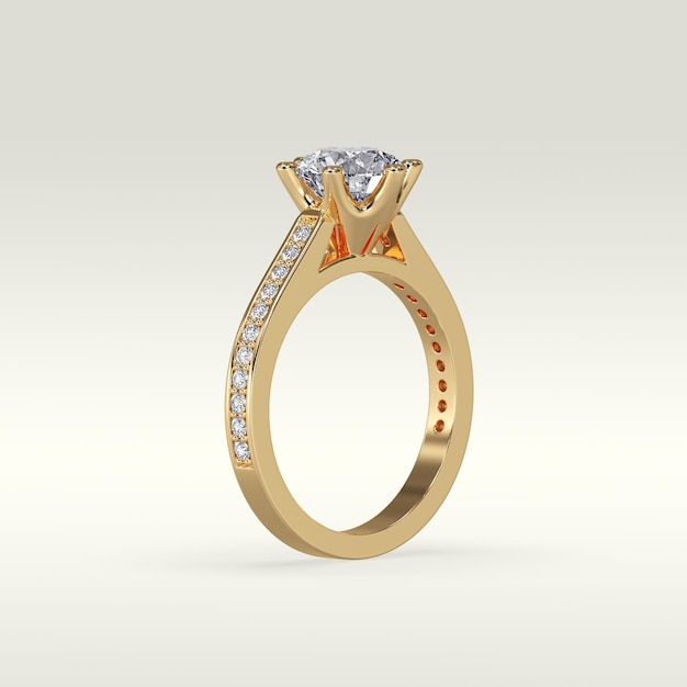 Solitaire engagement ring standing position in metal gold 3D render