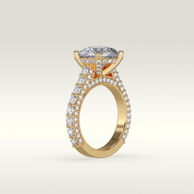 Solitaire engagement ring standing position in metal gold 3D render