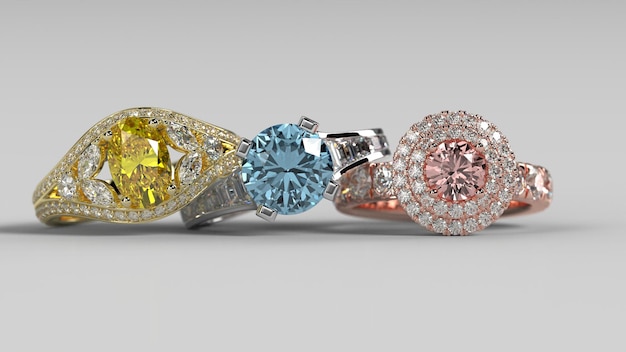 아름다운 배경 3d 렌더가 있는 3가지 금속 색상의 솔리테어 후광 및 3개의 석재 약혼 반지