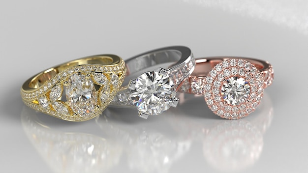 Solitaire halo and three stone engagement ring in 3 metal colors with beautiful background 3d render