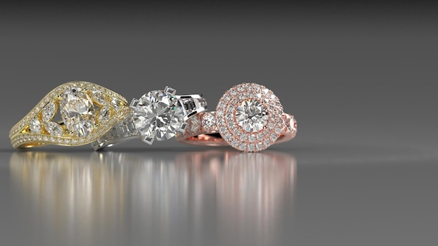 Гало пасьянса и обручальное кольцо из трех камней в трех металлических цветах с красивым фоном 3d рендеринг