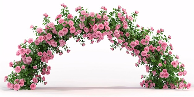 Photo a solitary 3d depiction of a pink rose climbing over an arch viewed from the front on a white background