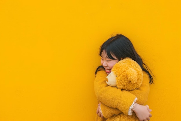 사진 외로운 아시아 소녀가 활기찬 노란색 배경에 그녀의 테디 베어를 포옹합니다.
