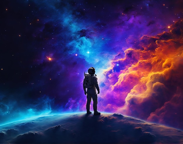 Photo solitary astronaut silhouetted against the backdrop of a nebula contemplating the vastness of the universe