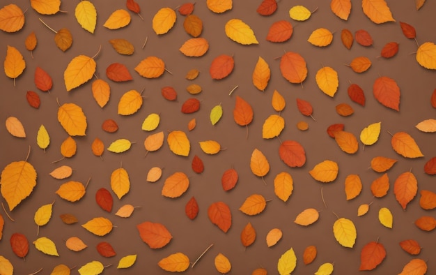 Solitary autumn leaves on a plain brown background