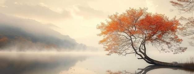 Solitary Autumn Tree by a Tranquil Misty Lake