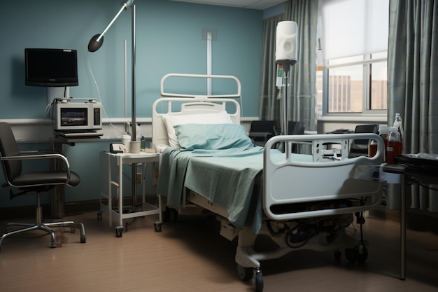 Solitary bed fills vacant hospital room untouched by any presence or activity