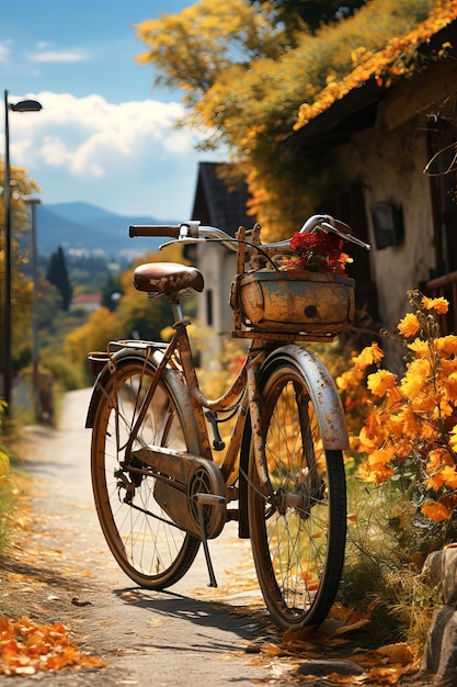 Photo a solitary bicycle parked on a peaceful village stree