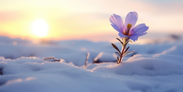 写真 雪の中の孤独な開花 自然の証拠 夕暮れの回復力 生成人工知能