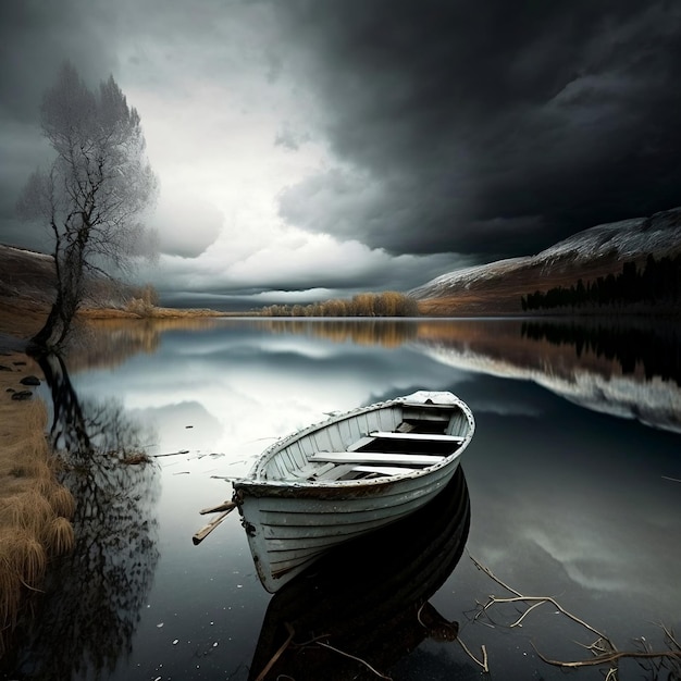 Одинокая лодка, плывущая по спокойному озеру Генеративный Ай