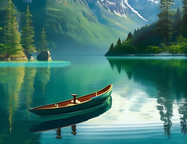 A solitary boat gliding gracefully on the surface of a crystalclear lake