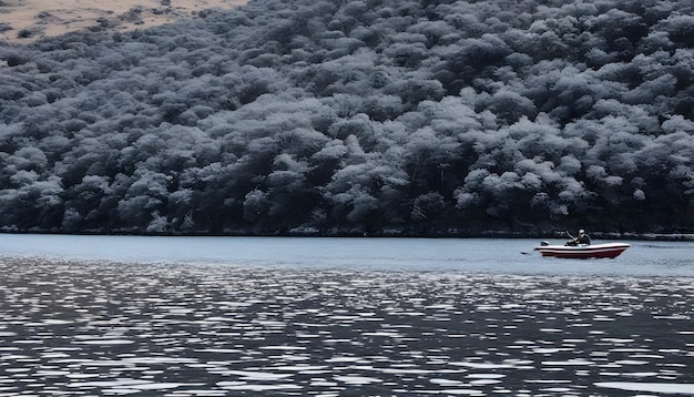 冷静 な 氷 の 湖 に 乗っ て いる 孤独 な 船