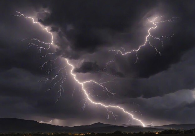 Foto un singolo fulmine contrasta nettamente con lo sfondo buio come la pietra