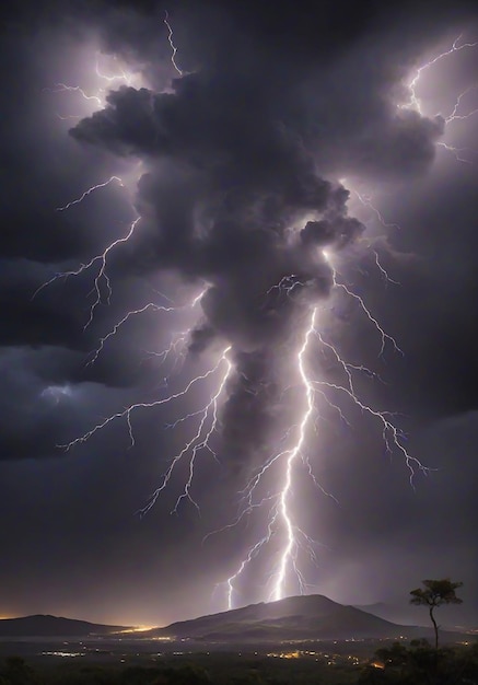 Foto un singolo fulmine contrasta nettamente con lo sfondo buio come la pietra