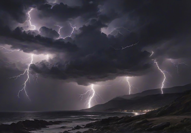 Foto un singolo fulmine contrasta nettamente con lo sfondo buio come la pietra