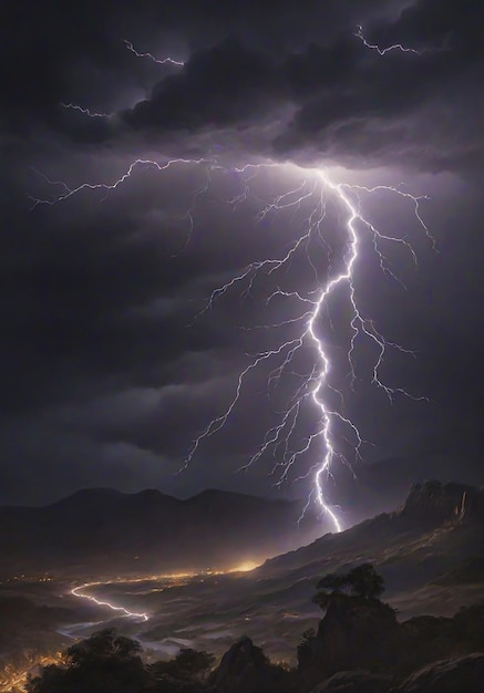 A solitary bolt of lightning starkly contrasts against the pitchblack backdrop