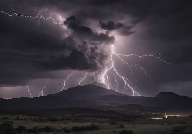 Foto un singolo fulmine contrasta nettamente con lo sfondo buio come la pietra