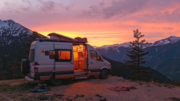 Photo solitary camper van parked on a serene mountain peak at twilight