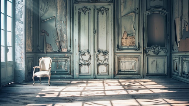a solitary chair in a room with faded grandeur and peeling paint