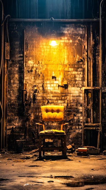 A solitary chair stands in a dimly lit room in the old abandoned basement