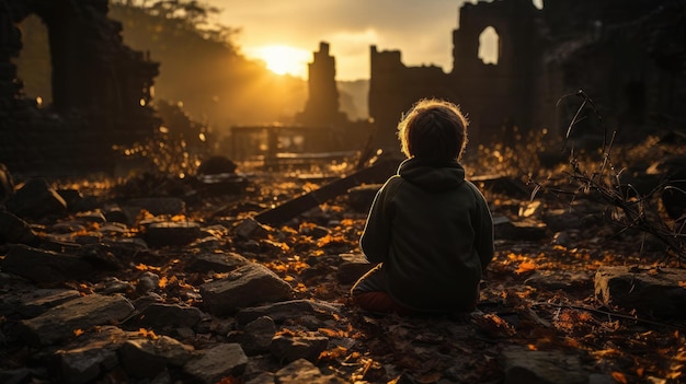 Solitary child ruins at a symbol hope amidstolation