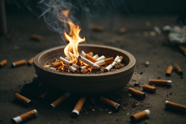 A solitary cigarette burning in an ashtray surrounded by a pile of discarded butts