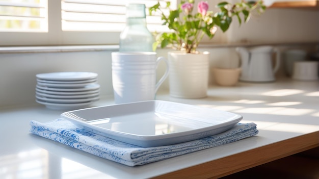 A solitary clean plate on a stark white counter epitomizes the beauty of simplicity in daily tasks