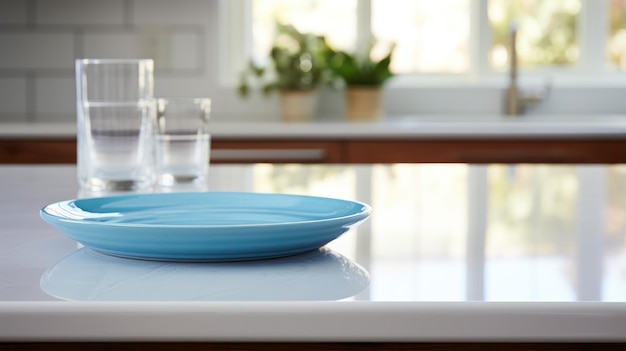 A solitary clean plate on a stark white counter epitomizes the beauty of simplicity in daily tasks