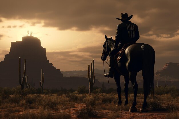 A solitary cowboy leaning against a cactus as his 00359 03