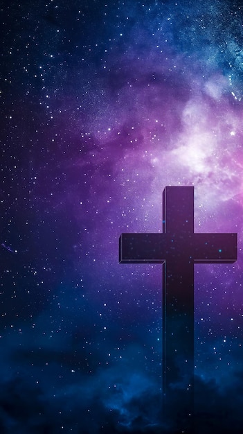 A solitary cross amidst the starry cosmos a symbol of faiths timeless essence against the universe