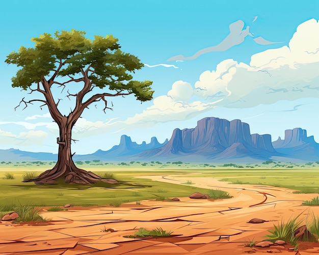 A solitary desert tree bordered by distant mountains Generative AI